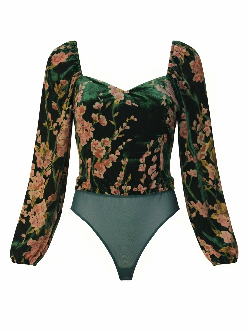 Luxe Emerald Green Velour Fall Floral Bodysuit V-Neck Gypsy Bell Sleeves